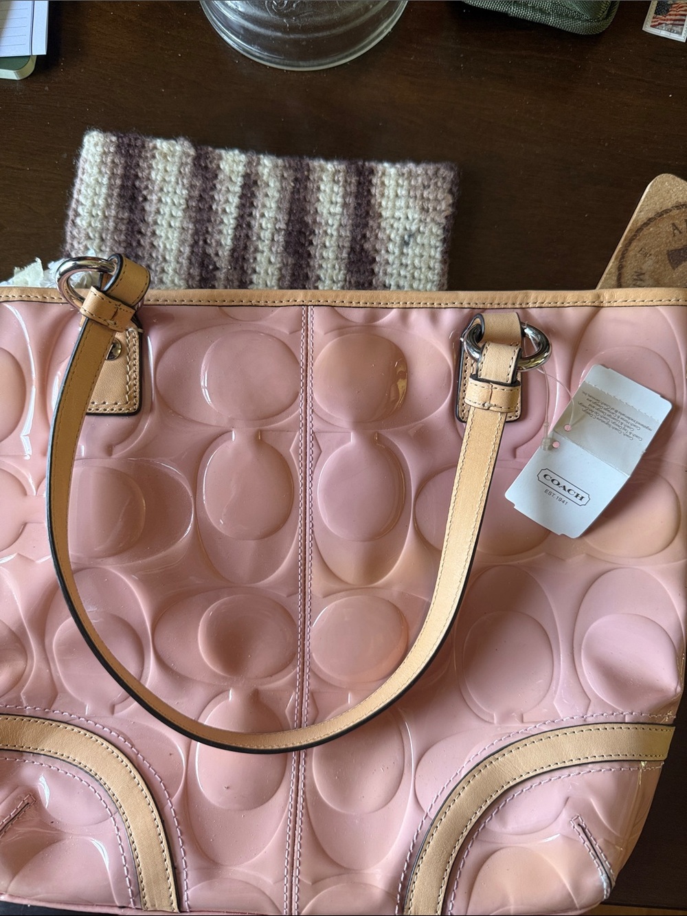 Coach Pink Patent Tote with Tan Leather Trim